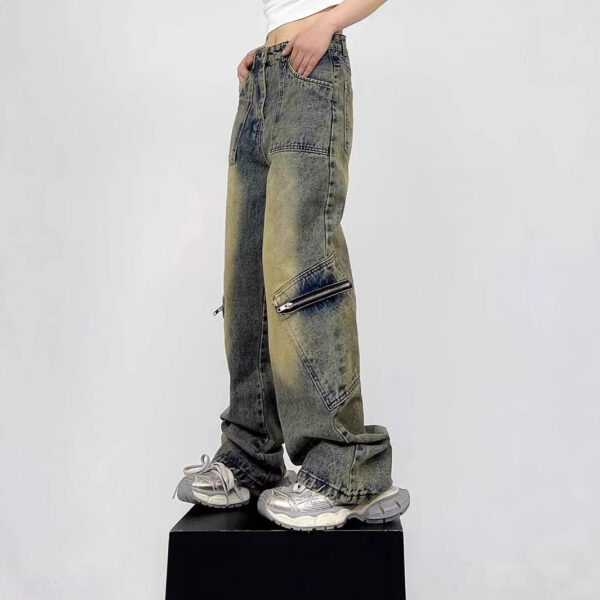 High Street Yellow Mud Dyed Denim Trousers Trendy Retro - Image 5