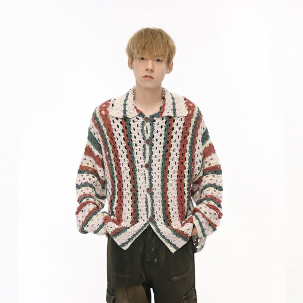 Rainbow Bar Contrast Color Hollow Knitted Cardigan - Image 3