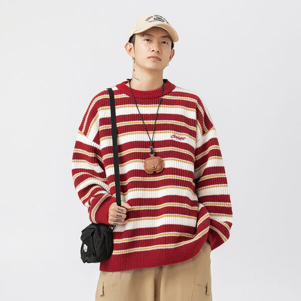 Striped Heavy Thick Needle Sweater Men's Couple Retro Contrast Color Japanese Style