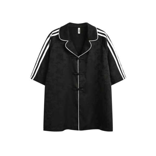 Striped Black Short Sleeve Shirt Men's Turn-down Collar Coat