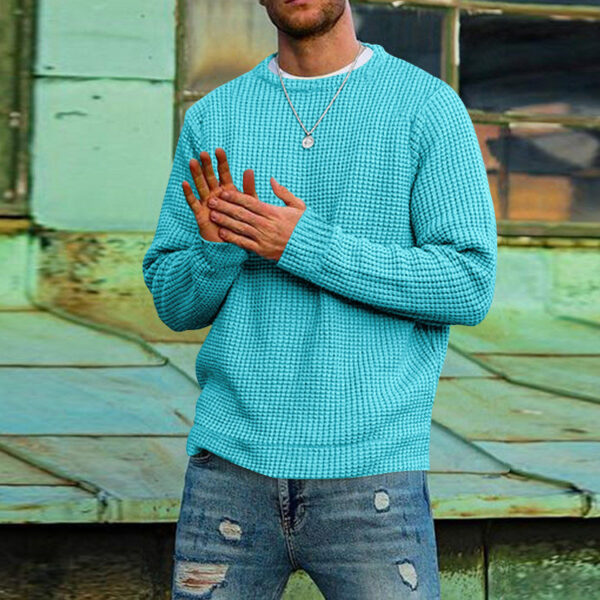 Men's Solid Color Waffle Autumn Long Sleeve Round Neck Base Sweater - Image 5