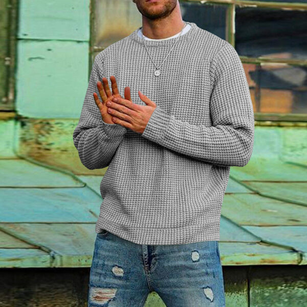 Men's Solid Color Waffle Autumn Long Sleeve Round Neck Base Sweater - Image 9