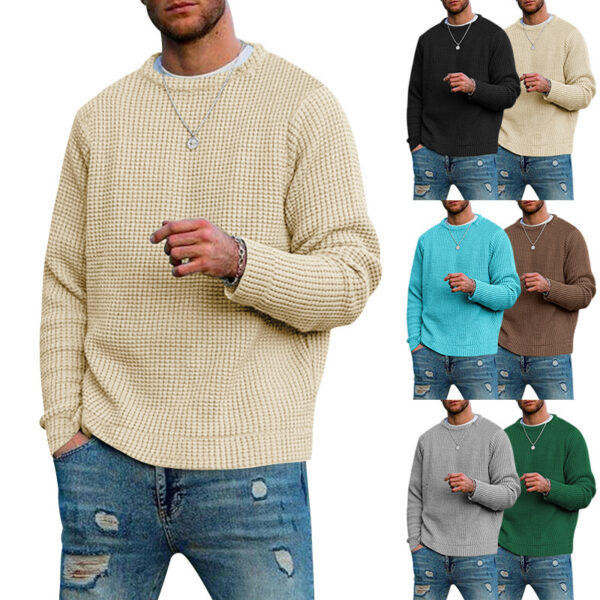 Men's Solid Color Waffle Autumn Long Sleeve Round Neck Base Sweater - Image 6