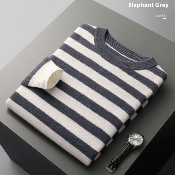 Woolen Sweater Men's Round Neck Striped Color Matching Sweater - Image 5