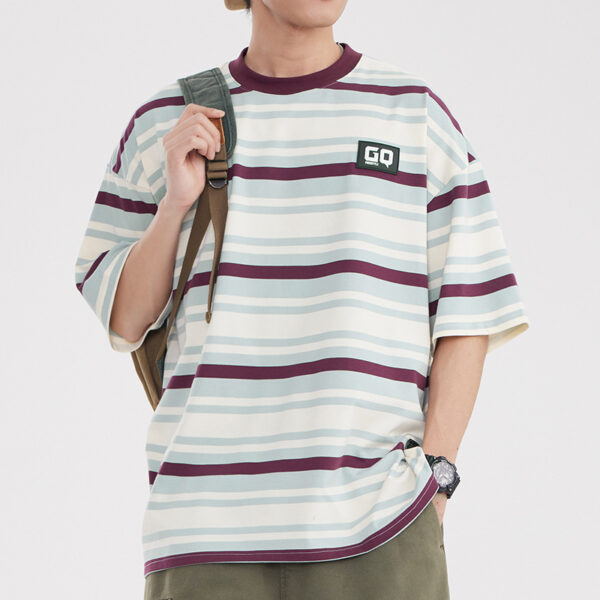 Vintage Stripe Niche Couple Loose Half-sleeve Top - Image 3