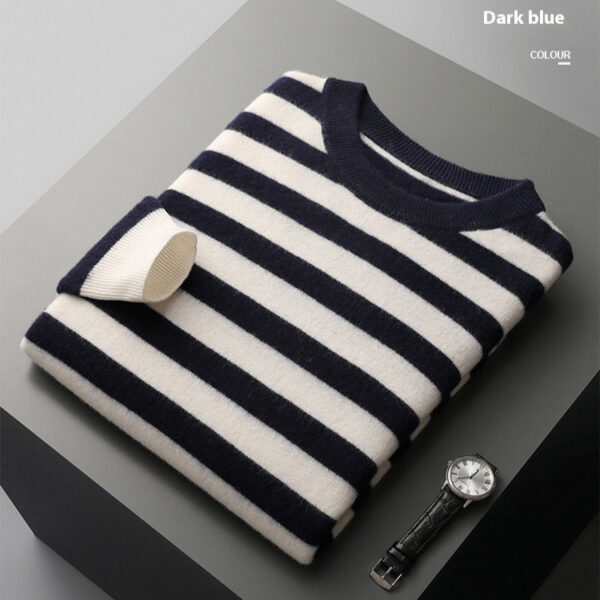 Woolen Sweater Men's Round Neck Striped Color Matching Sweater - Image 3