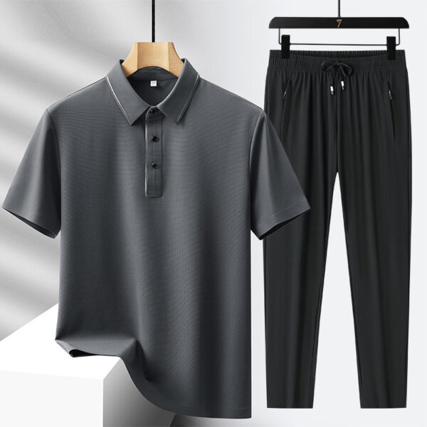 Men's Light Luxury High-end Ice Silk Seamless Polo Shirt Trousers Sports Leisure Suit - Image 3