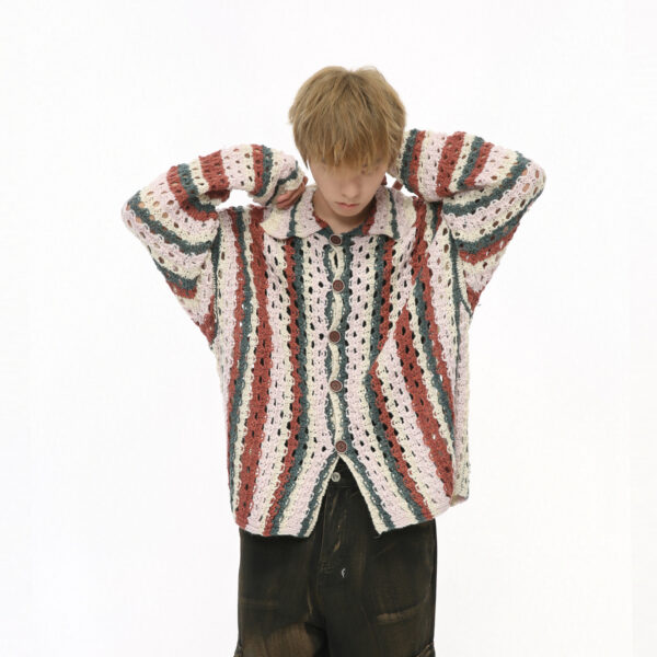 Rainbow Bar Contrast Color Hollow Knitted Cardigan - Image 4