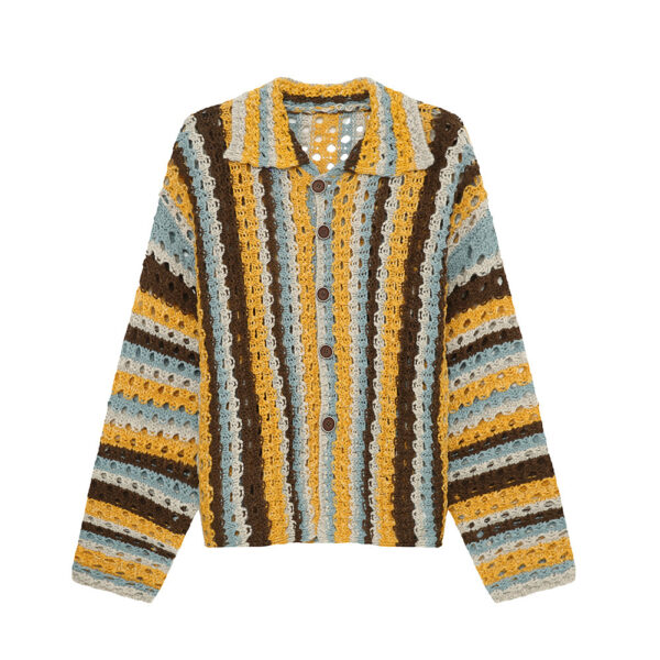 Rainbow Bar Contrast Color Hollow Knitted Cardigan - Image 5