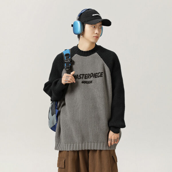 Raglan Sleeve Color Contrast Patchwork Design Sweater Thick Needle Texture American Letters