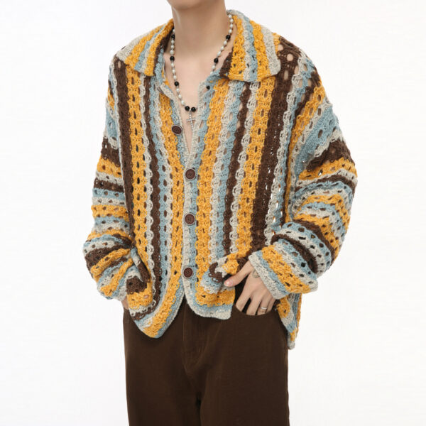 Rainbow Bar Contrast Color Hollow Knitted Cardigan - Image 2